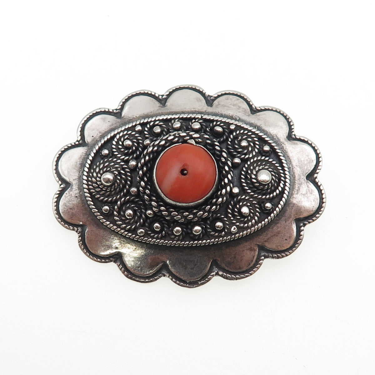 935 Silver Antique Art Deco Israel Real Coral Oxidized Pin Brooch