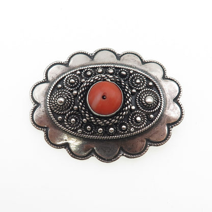 935 Silver Antique Art Deco Israel Real Coral Oxidized Pin Brooch