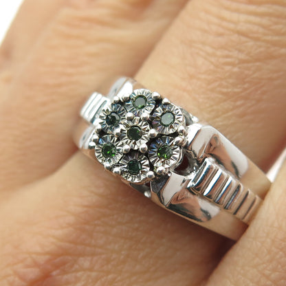 CHUCK CLEMENCY 925 Sterling Silver Real Green Diamond Ring Size 11.25