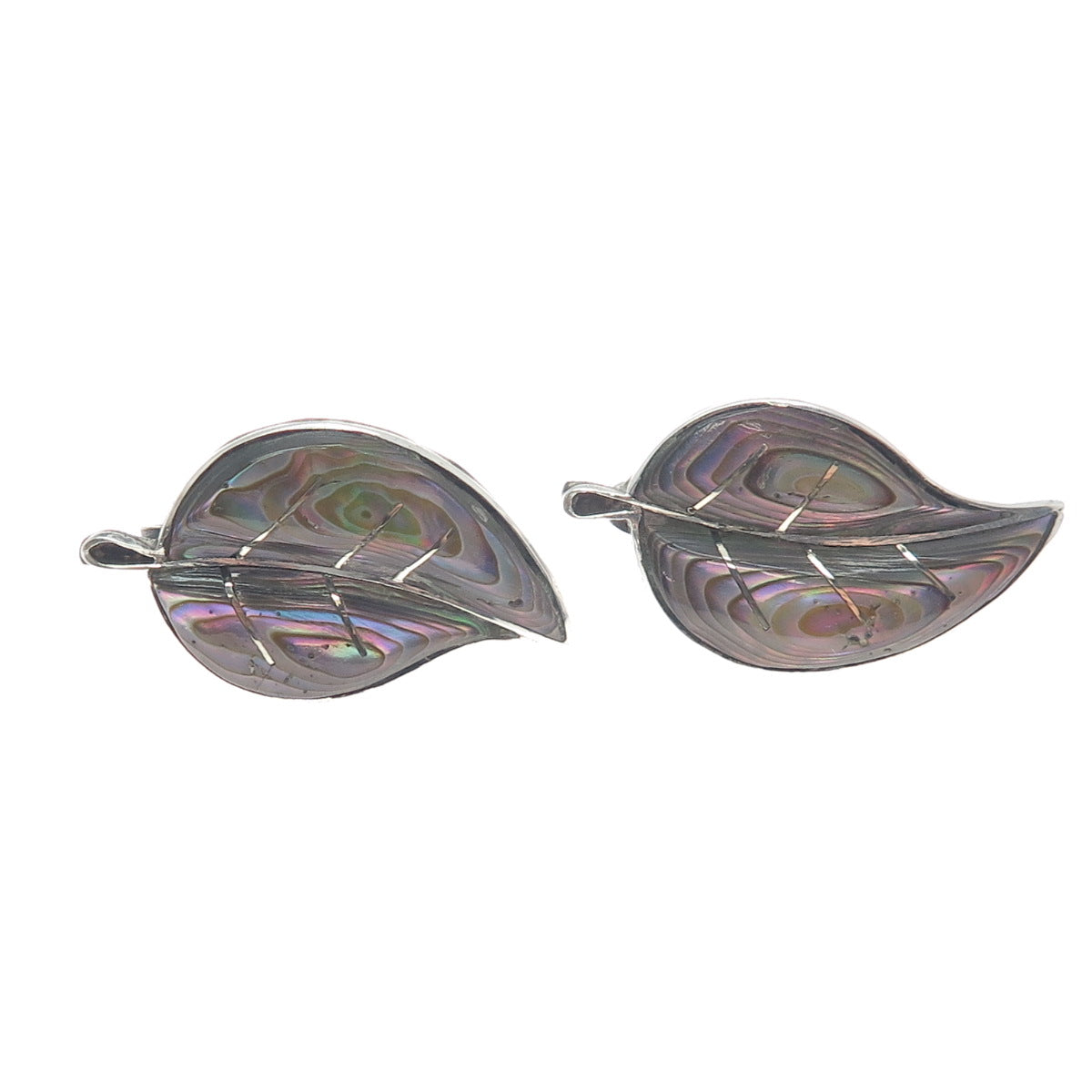925 Sterling Silver Vintage Mexico Abalone Shell Floral Leaf Screw Back Earrings
