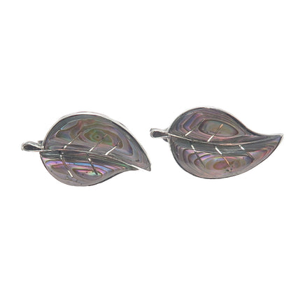 925 Sterling Silver Vintage Mexico Abalone Shell Floral Leaf Screw Back Earrings