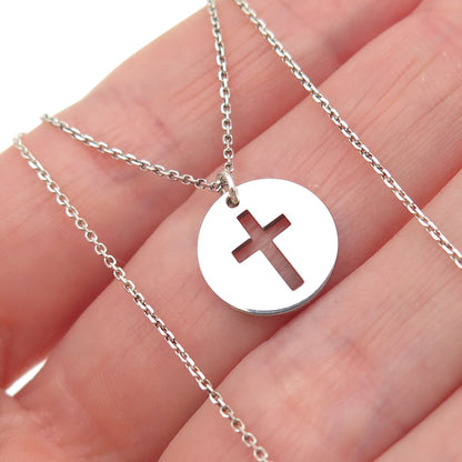 925 Sterling Silver Cross Round Tag Cable Chain Necklace 16-18"