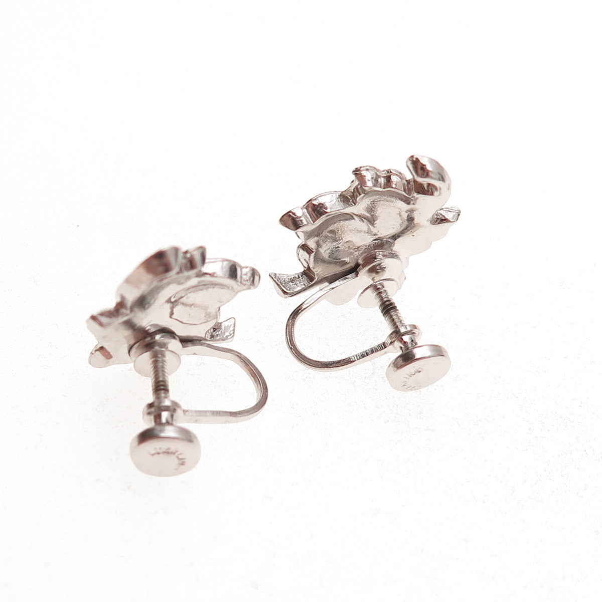 925 Sterling Silver Antique Art Deco Real Marcasite Floral Screw Back Earrings