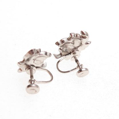 925 Sterling Silver Antique Art Deco Real Marcasite Floral Screw Back Earrings
