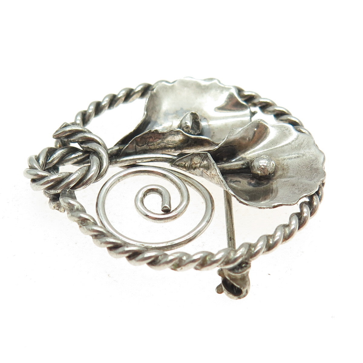 925 Sterling Silver Antique Art Deco Calla Lily Flower Oxidized Pin Brooch