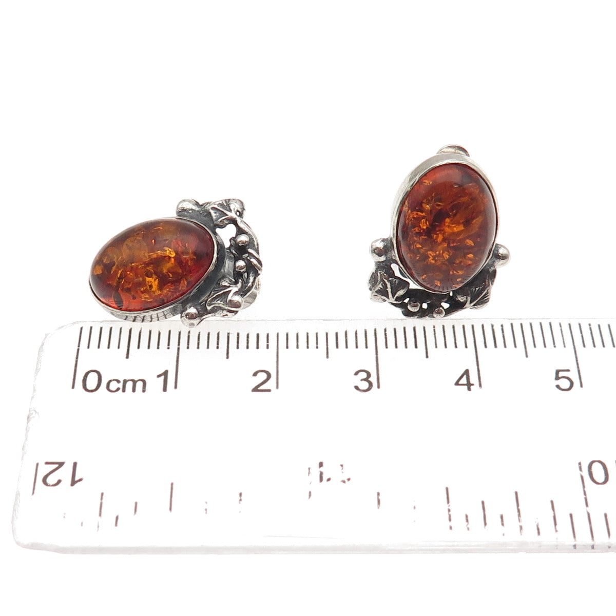 925 Sterling Silver Vintage BC Poland Real Amber Modernist Clip On Earrings