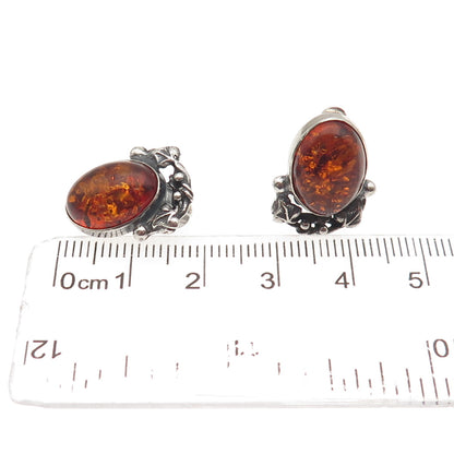 925 Sterling Silver Vintage BC Poland Real Amber Modernist Clip On Earrings