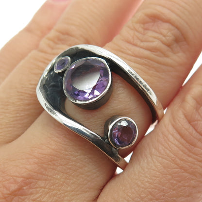 925 Sterling Silver Vintage Amethyst Modernist Oxidized Adjustable Ring Size 8