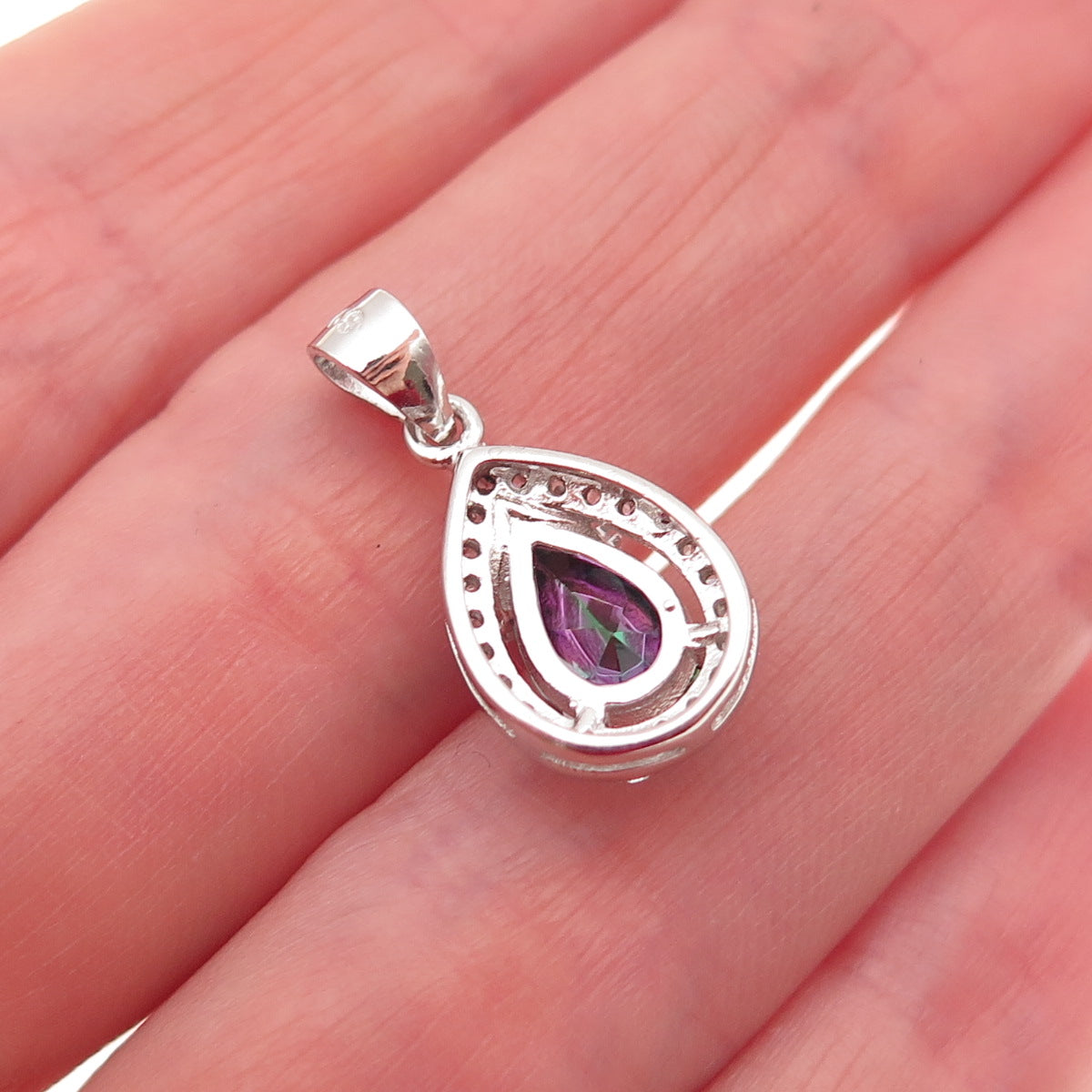 925 Sterling Silver Real Mystic Quartz & C Z Teardrop Mini Charm Pendant