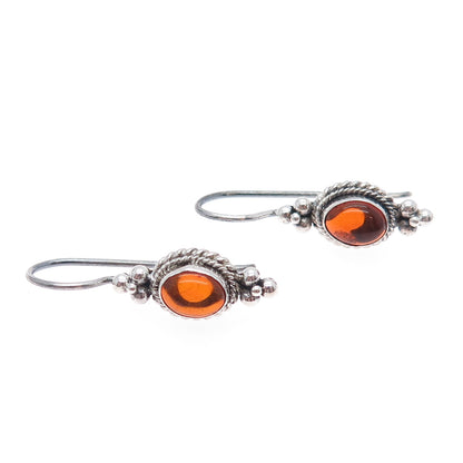 925 Sterling Silver Vintage Real Amber Oxidized Beaded Drop Earrings