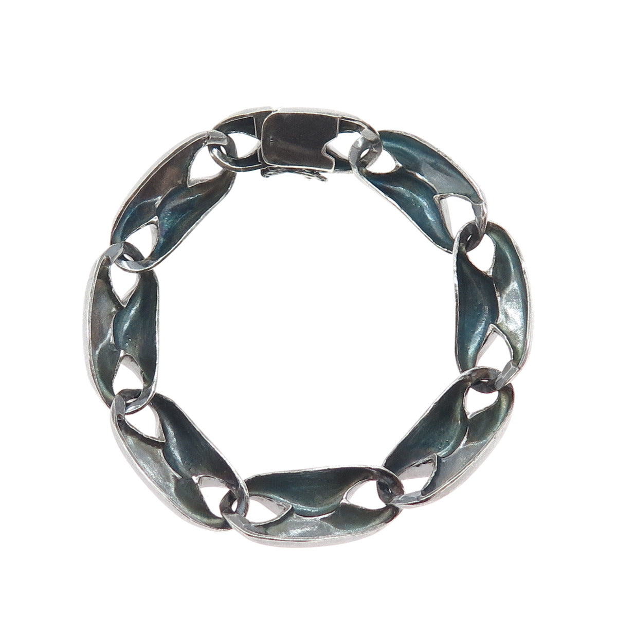 925 Sterling Silver Vintage Modernist Anchor Link Oxidized Bracelet 6.75"