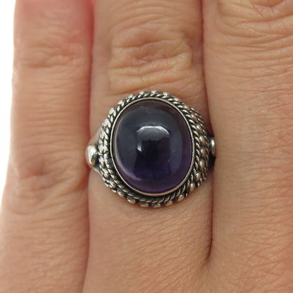 925 Sterling Silver Vintage Real Cabochon Amethyst Roped Ring Size 6.75