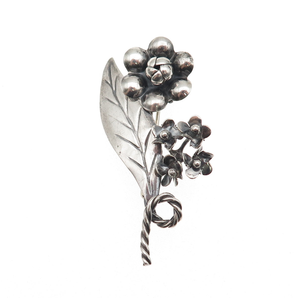 925 Sterling Silver Vintage Floral Oxidized Handmade Pin Brooch