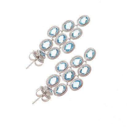 DSMK 925 Sterling Silver Real Oval-Cut Blue Topaz Dangle Earrings