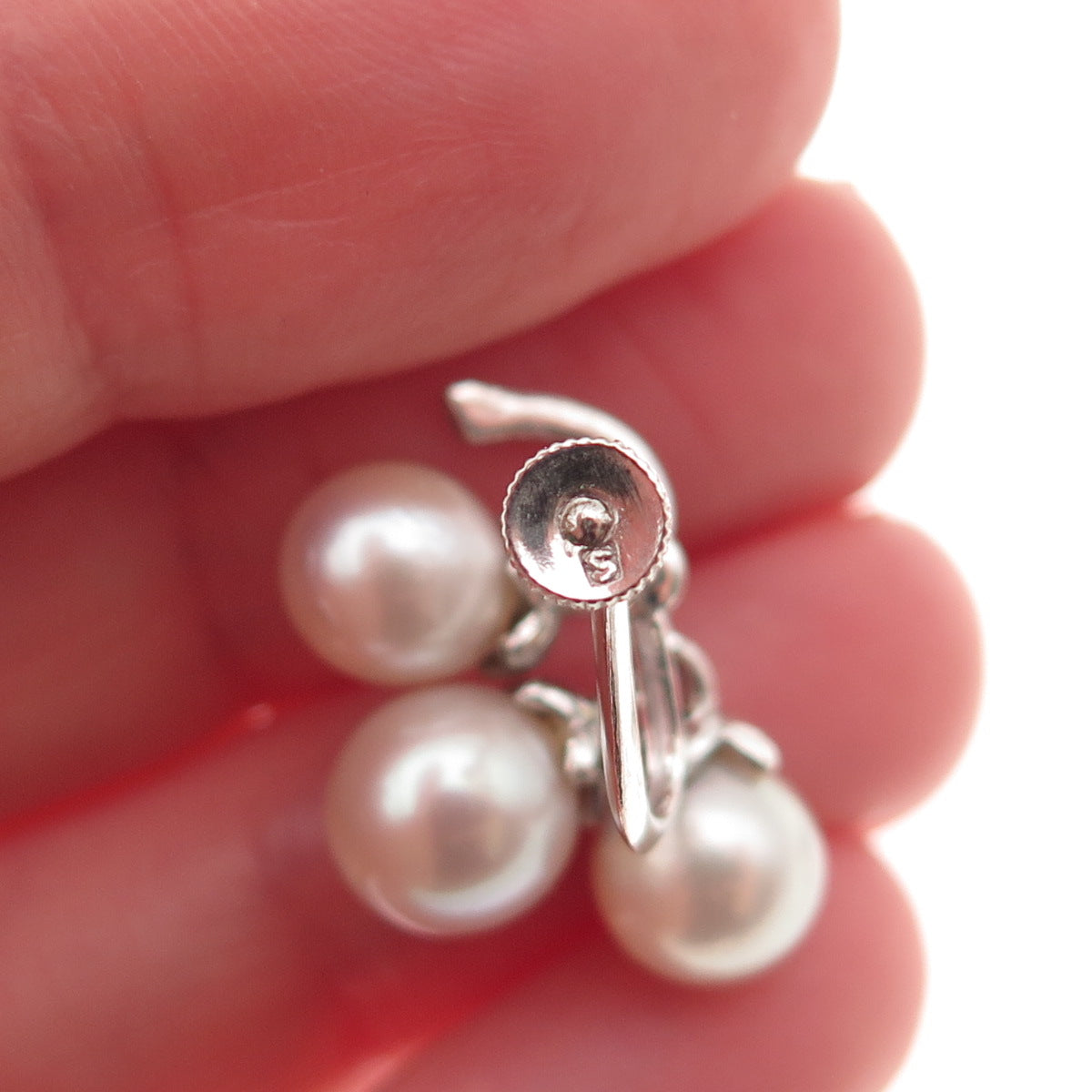 925 Sterling Silver Antique Japan Real Akoya Pearl Screw Back Earrings