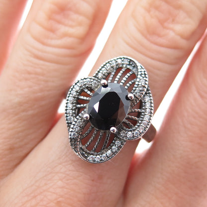 925 Sterling Silver Vintage Real Black Spinel & C Z Flower Oxidized Ring Size 6