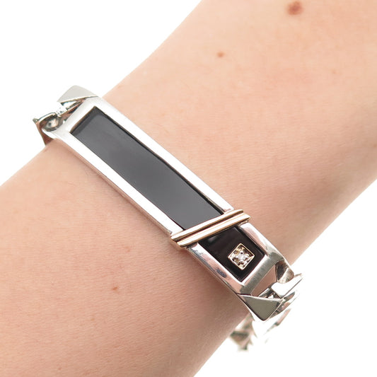 HN Heng Ngai 925 Sterling 14K Gold Vintage Real Diamond & Black Onyx Bracelet 8"