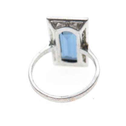 935 Silver Antique Art Deco Blue Rhinestone Real Marcasite Ring Size 5.75