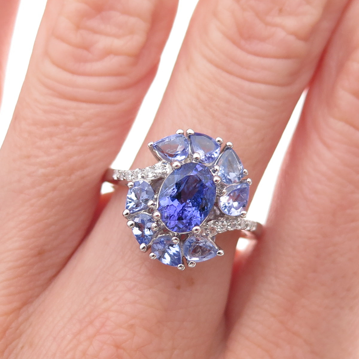 925 Sterling Silver Real Tanzanite & White Topaz Ring Size 8.25