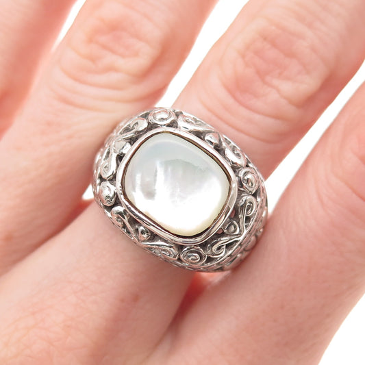 925 Sterling Silver Vintage Real MOP Floral Oxidized Ring Size 10.25