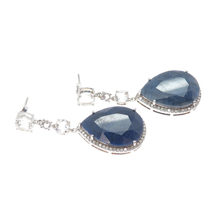 925 Sterling Silver Real Diamond White Topaz & Sapphire Dangle Earrings