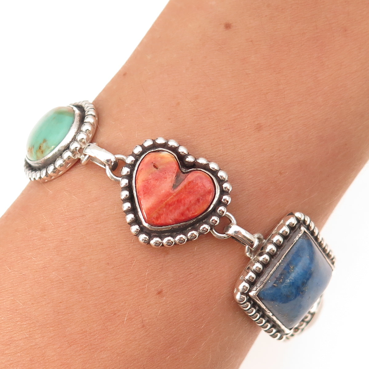 Carol Felley 925 Sterling Silver Vintage 1996 Real Multi-Gem & Pearl Bracelet 7"