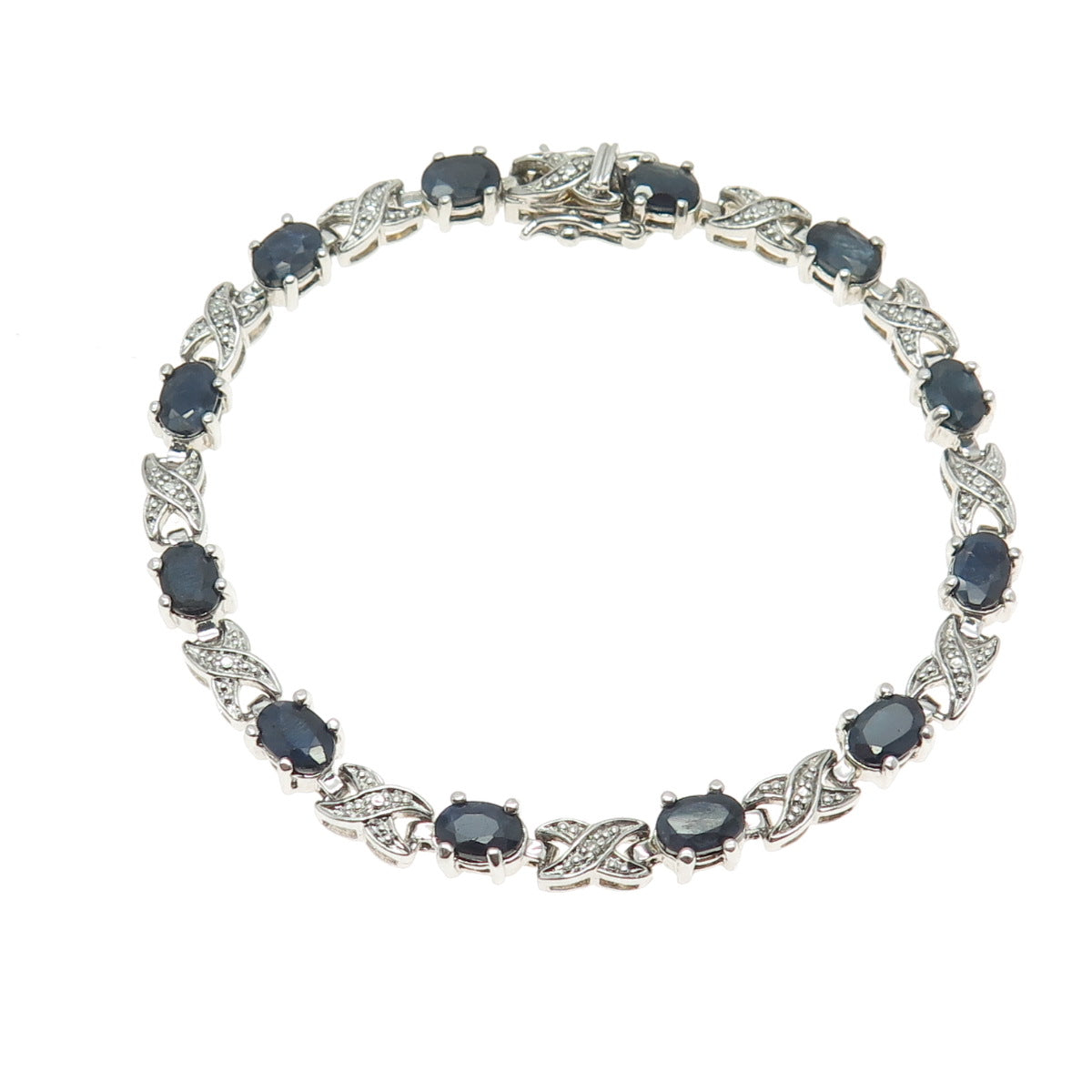 925 Sterling Silver Real Diamond Accent & Sapphire Kisses & Hugs Bracelet 7"