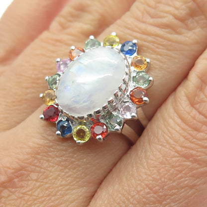 925 Sterling Silver Real Multi-Color Sapphire & Moonstone Floral Ring Size 6.75