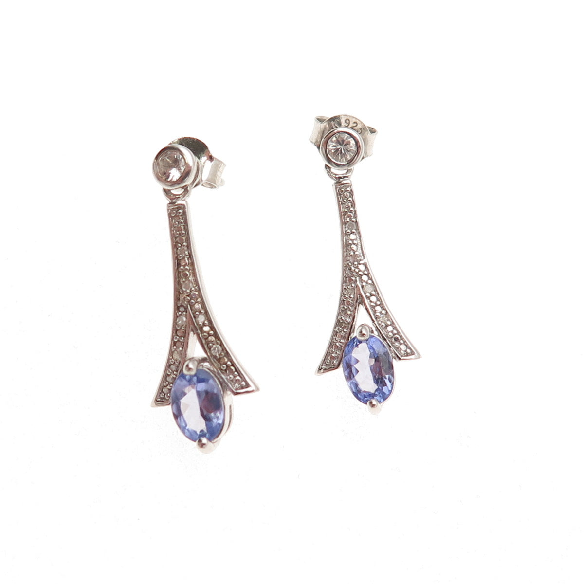 925 Sterling Silver Real Diamond Tanzanite & White Topaz Dangle Earrings