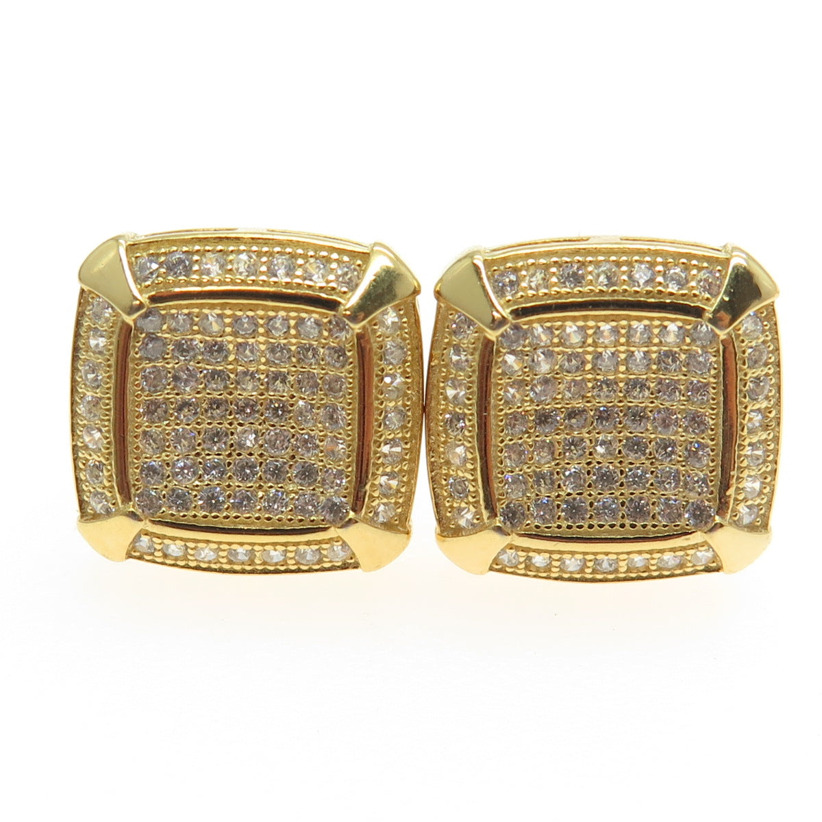 925 Sterling Silver Gold Plated Pave C Z Stud Earrings