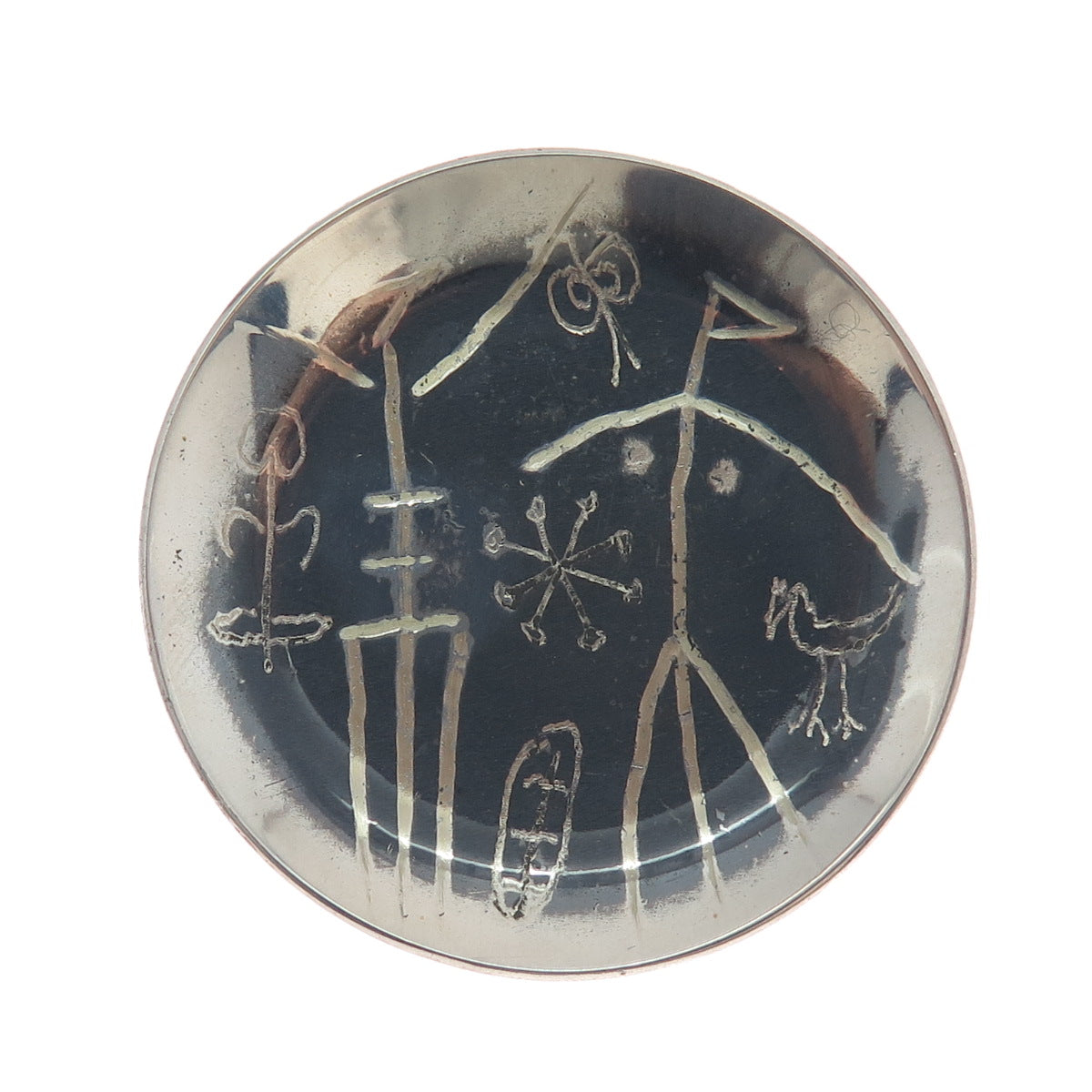 ED LEVIN 925 Sterling Silver Vintage Tribal Cave Painting Oxidized Pin Brooch