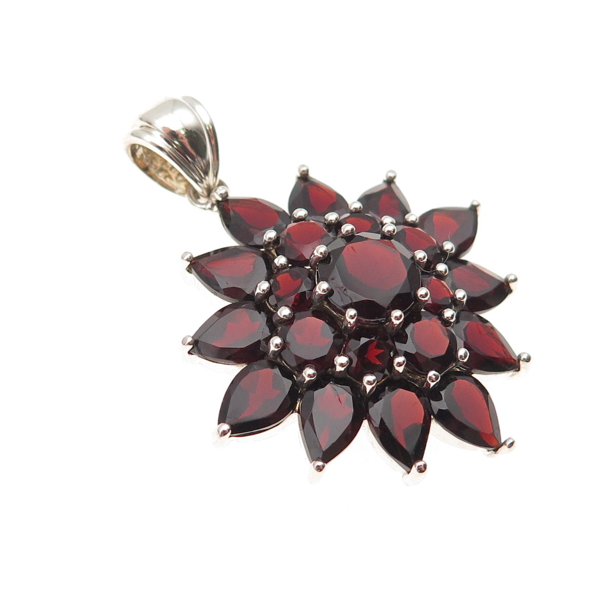 925 Sterling Silver Vintage Real Red Garnet Floral Charm Pendant