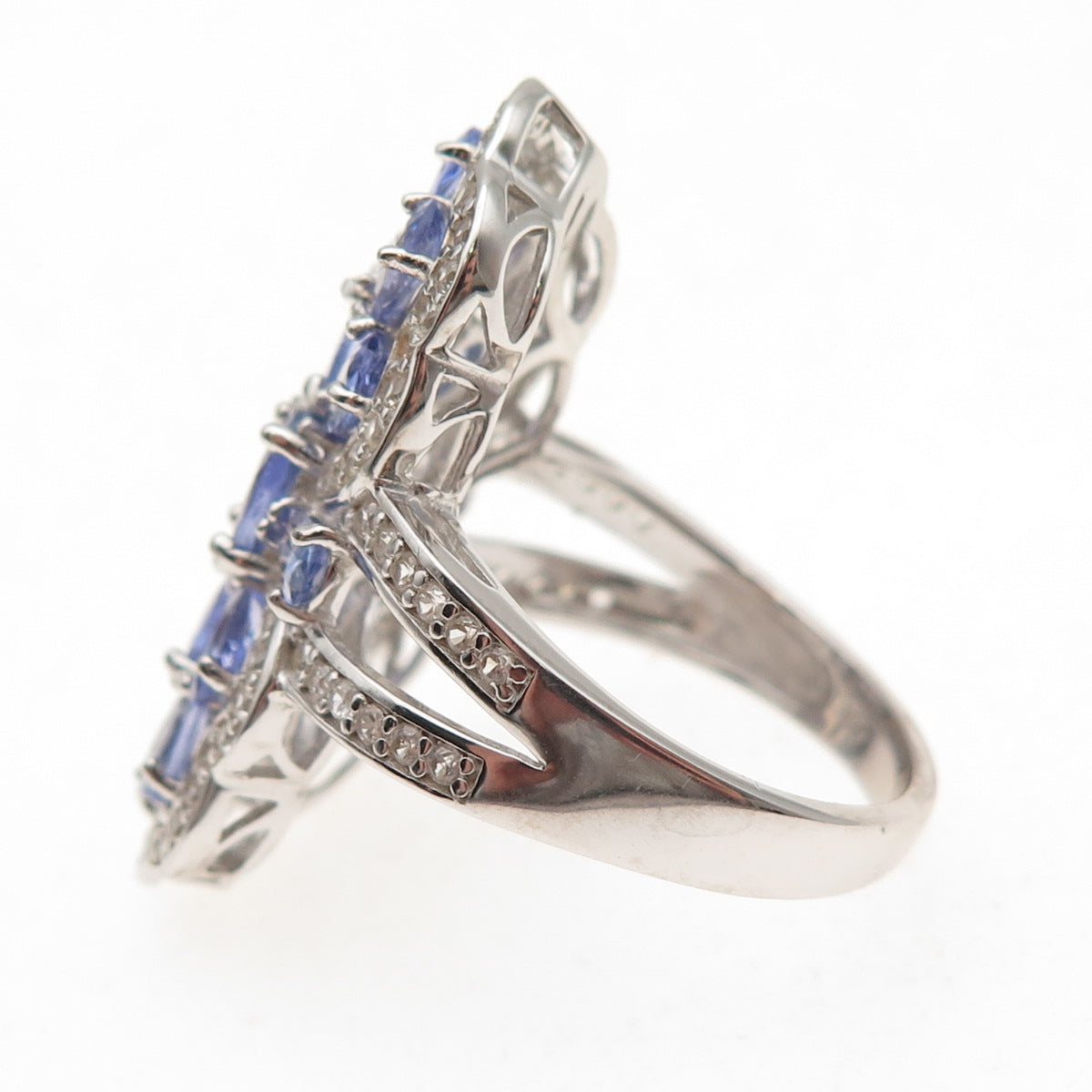 925 Sterling Silver Real Tanzanite & White Topaz Cluster Ring Size 8.25