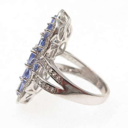 925 Sterling Silver Real Tanzanite & White Topaz Cluster Ring Size 8.25