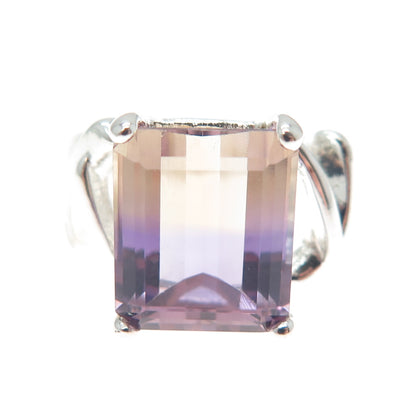 925 Sterling Silver Vintage Real Emerald-Cut Ametrine Ring Size 7