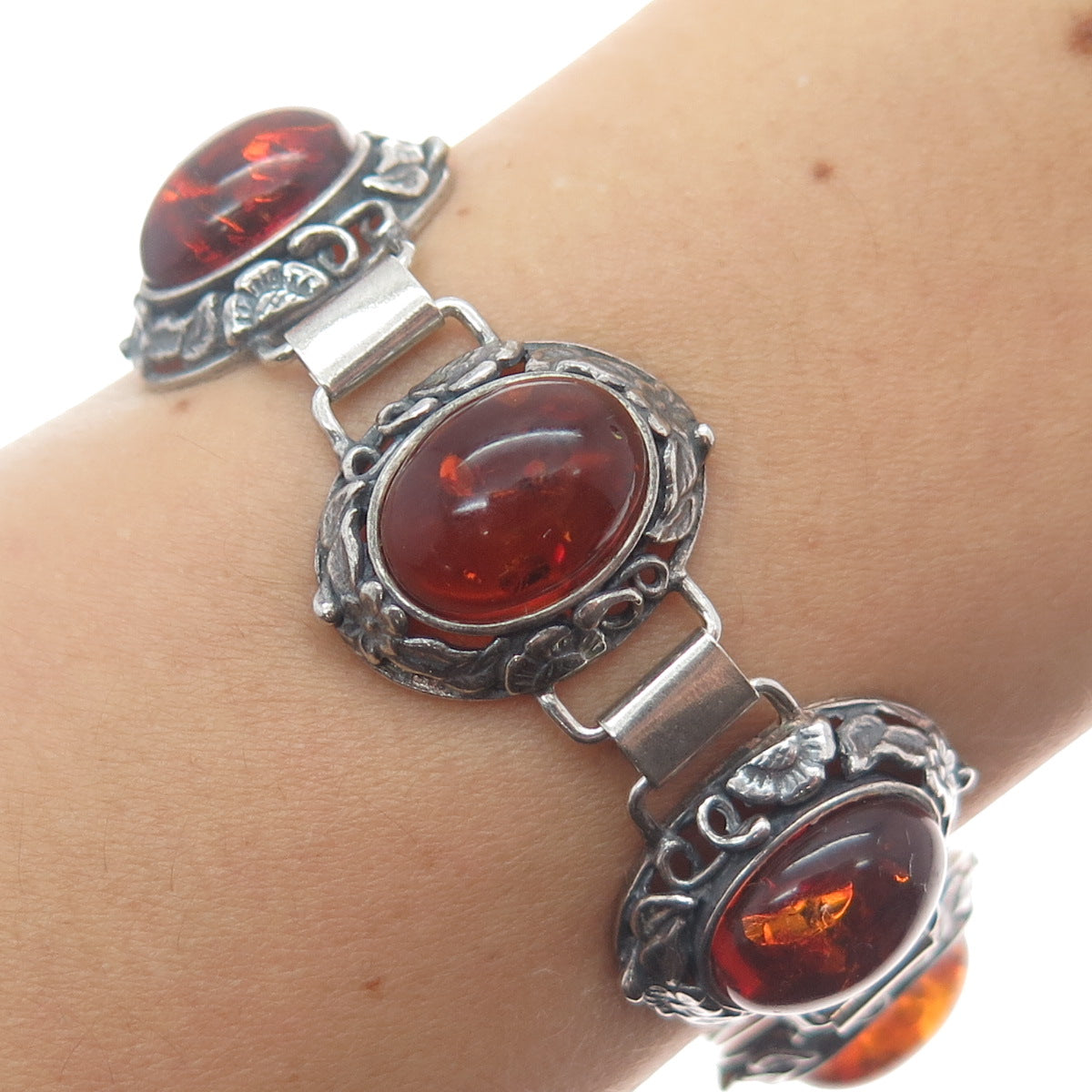 925 Sterling Silver Vintage Amber Floral Oxidized Bracelet 6.5" (missing lock)