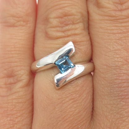 925 Sterling Silver Vintage Real Princess-Cut Blue Topaz Bypass Ring Size 4.75