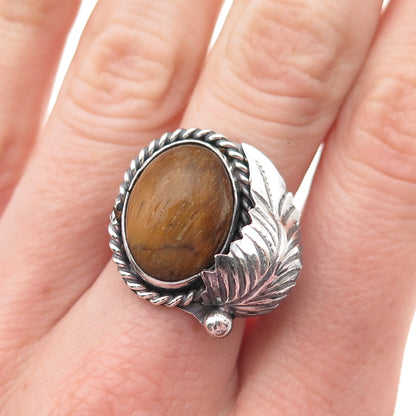 Old Pawn 925 Sterling Silver Vintage Tiger Eye Feather Tribal Ring Size 7.75