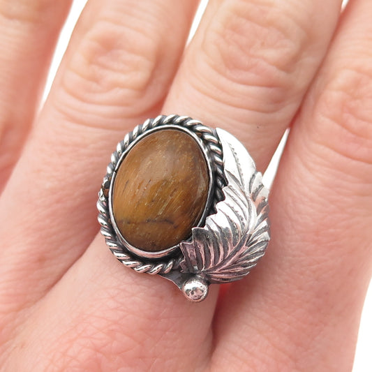 Old Pawn 925 Sterling Silver Vintage Tiger Eye Feather Tribal Ring Size 7.75