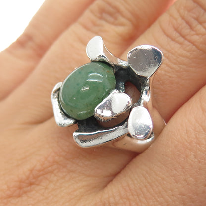 950 Silver Vintage Mexico Real Jade Modernist Oxidized Ring Size 8.25