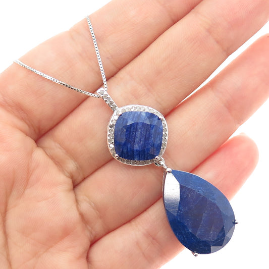 925 Sterling Silver Real Diamond & Sapphire Teardrop Box Chain Necklace 18"