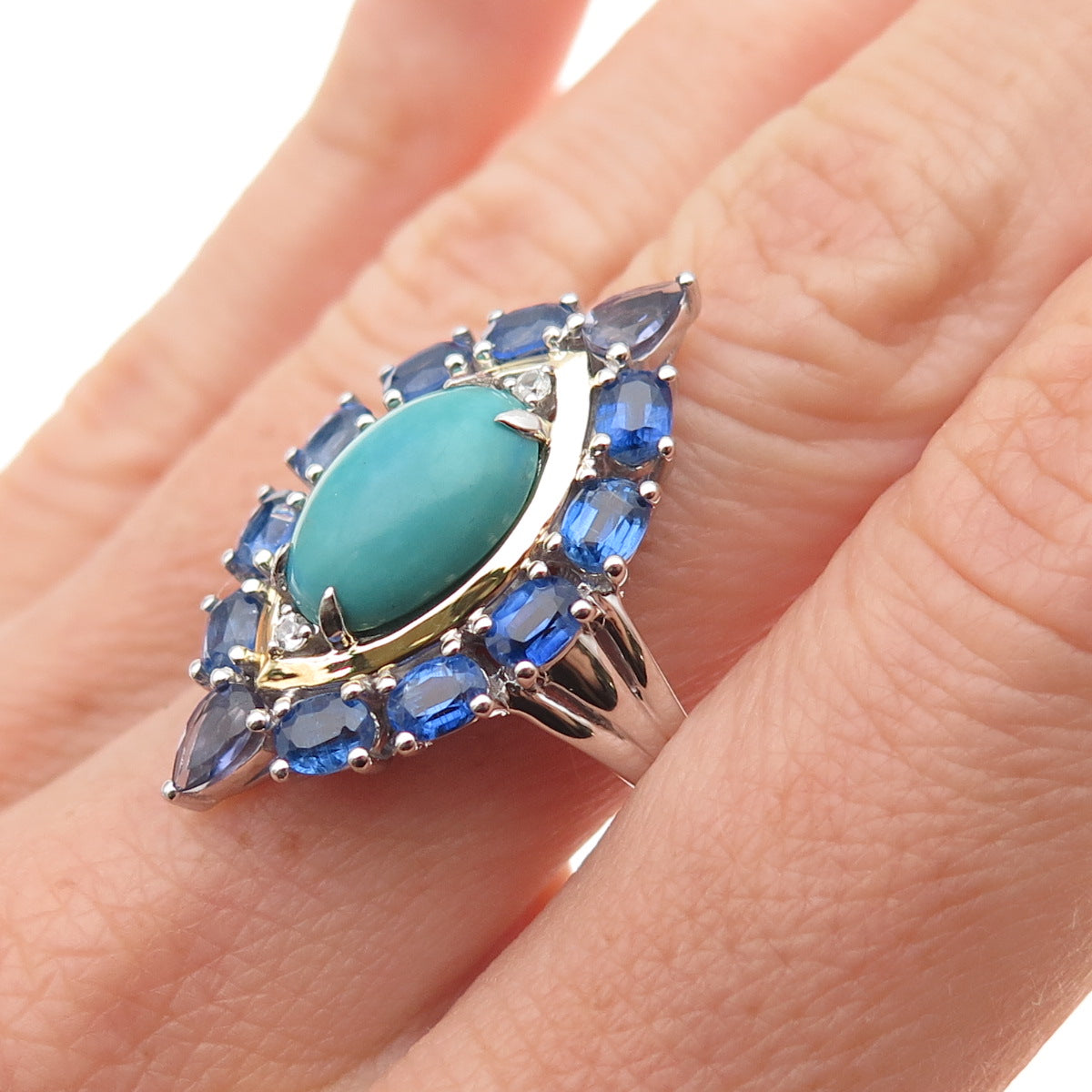925 Sterling Silver 2-Tone Real Turquoise Sapphire & White Topaz Ring Size 8.25