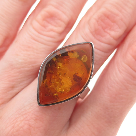 925 Sterling Silver Vintage Real Amber Modernist Oxidized Ring Size 6.75