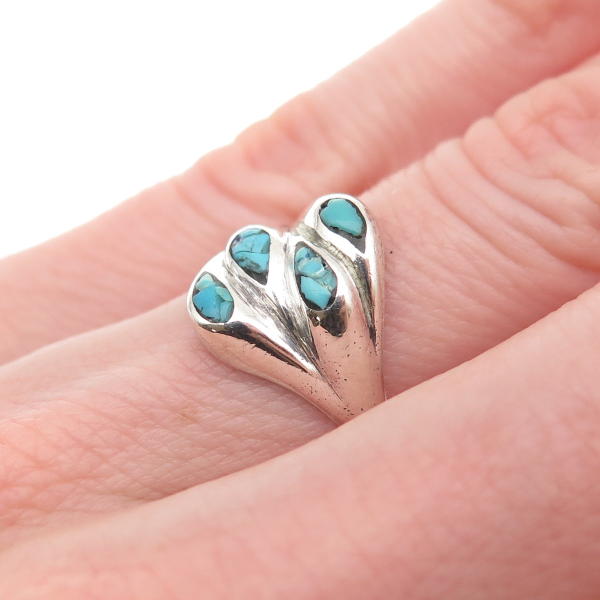 925 Sterling Silver Vintage Real Turquoise Inlay Modernist Oxidized Ring Size 6
