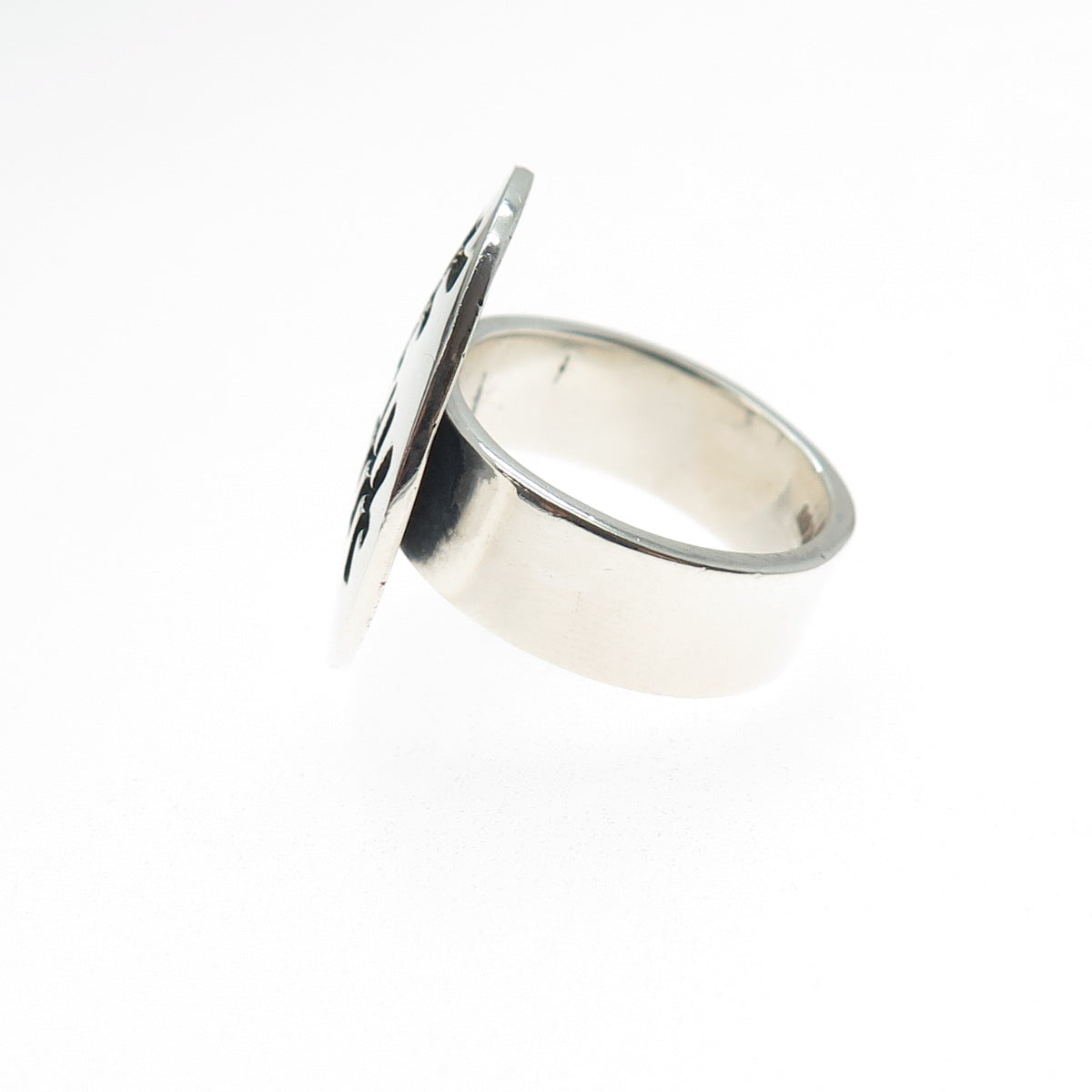 925 Sterling Silver Vintage Mexico Modernist Cross Disc Oxidized Ring Size 6.75