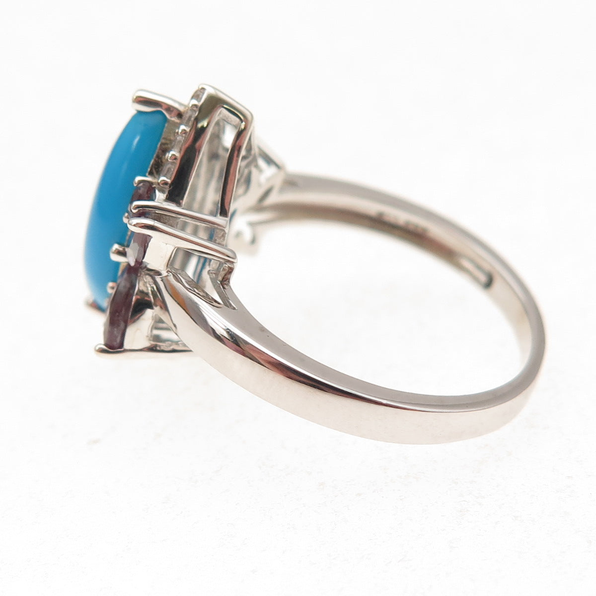 925 Sterling Silver Real Turquoise Peacock Sapphire & White Topaz Ring Size 8