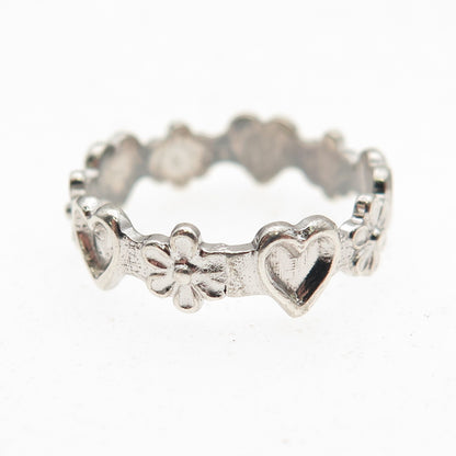 Beau 925 Sterling Silver Vintage Heart & Daisy Band Ring Size 6.25