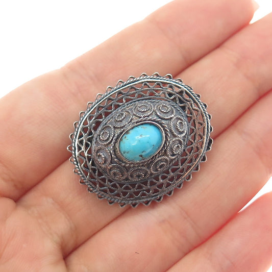 925 Sterling Silver Antique Art Deco Real Turquoise Filigree Oxidized Pin Brooch