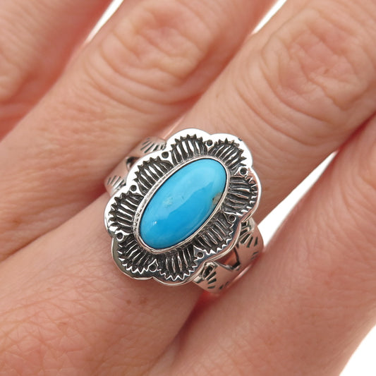 925 Sterling Silver Vintage Real Turquoise Floral Oxidized Ring Size 8