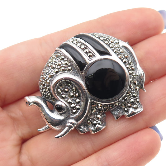 925 Sterling Vintage Black Onyx Marcasite Elephant Pin Brooch (missing 1 stone)